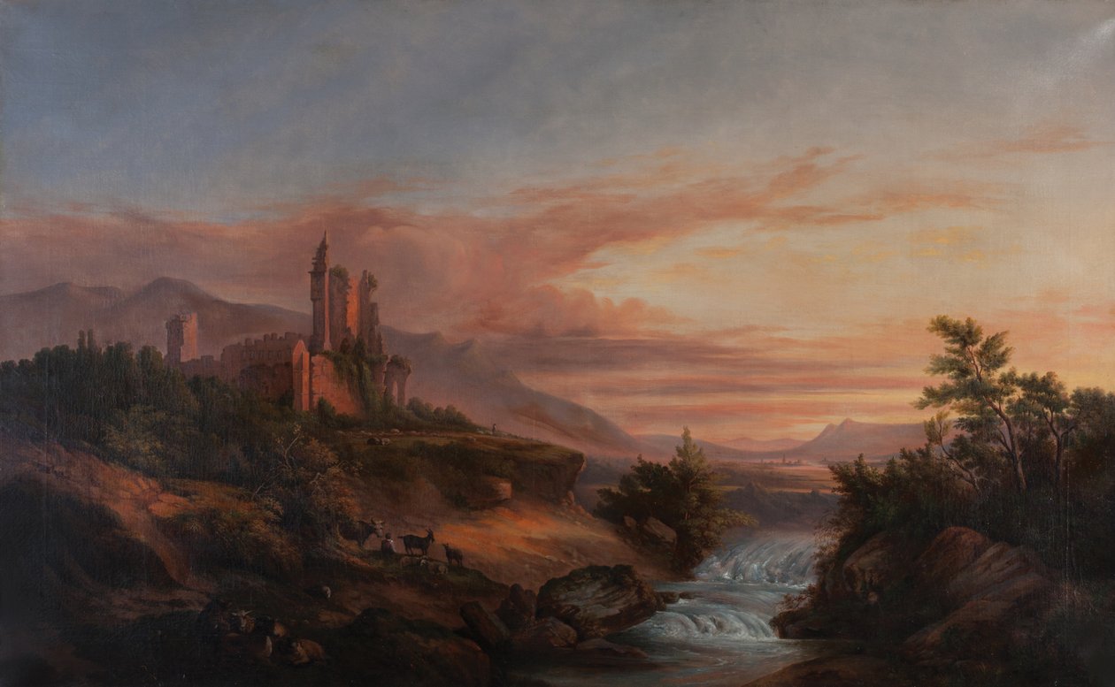 Linnan rauniot laaksossa Alpeilla (Beauvoir-en-Royans) n. 1830 (Öljy kankaalle) tekijältä Francois Edme Ricois