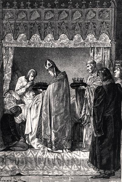 Kaarle V (1338-80) kuolinvuoteellaan ottamassa vastaan orjantappurakruunua suurella uskonnollisella hartaudella, Mme Guizot