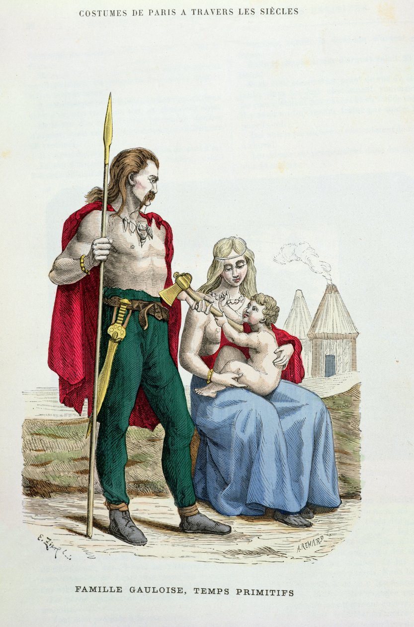 Gallialainen perhe muinaisina aikoina, kuvitus H. Gourdon de Genouillacin teoksesta Costumes de Paris a Travers les Siecles, kaiverrus A. Renard, 1879 tekijältä Francois Edouard Zier