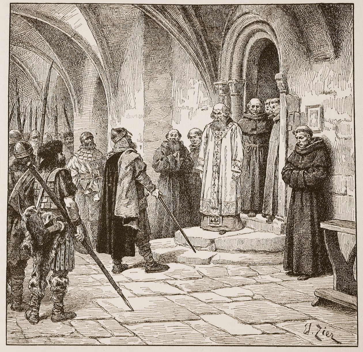 Swein vaatii lunnaita, kuvitus teoksesta "The Church of England: A History for the People", kirjoittanut H.D.M. Spence-Jones, pubi. n. 1910 (seepiavalokuva) tekijältä Francois Edouard Zier