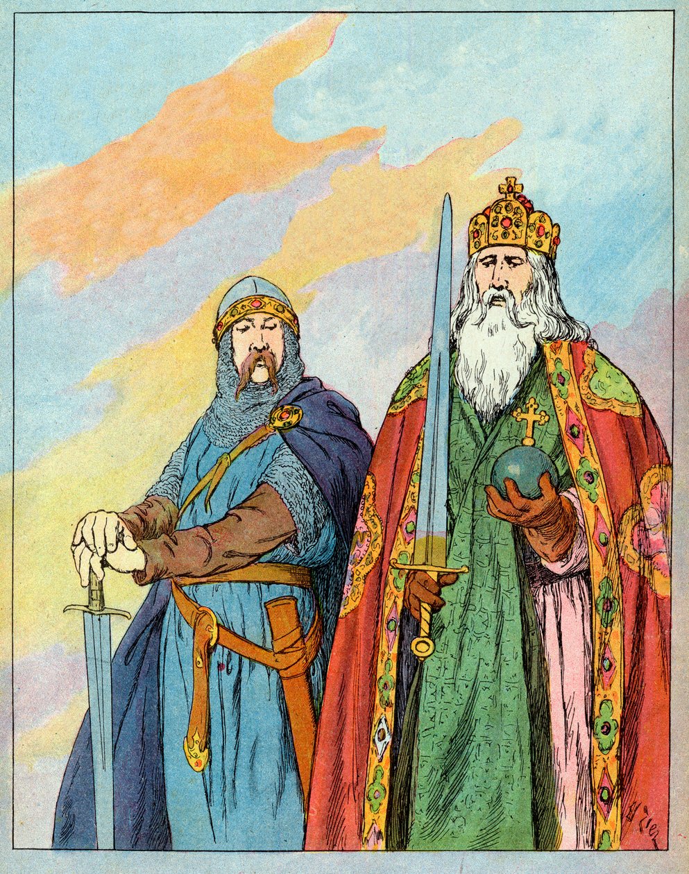 Frankin kuningas Kaarle Suuri ja ranskalainen ritari Roland de Roncevaux - Charlemagne ja Le Chevalier Roland (736-778) - Francois Zierin (1856-1924) kuvitus otettu "Nos-Gires-Nationales" -julkaisusta noin 1920 tekijältä Francois Edouard Zier