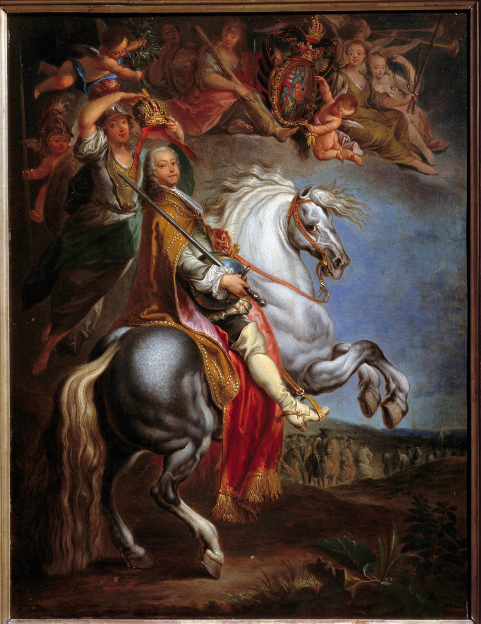 Ratsastusmuotokuva Francois III:sta (1708-1765), Lotringenin herttua, silloinen germaanilainen keisari ja Toscanan suurherttua, Itävallan Marie Theresen puoliso (1717-1780) François Eisenin (1695-1778) maalaus tekijältä Francois Eisen