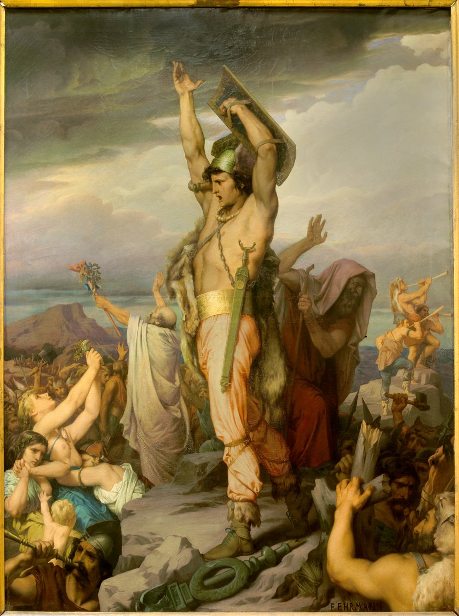 Vercingetorixin (72-46 eKr.), gallialaisen johtajan edustaja. François Emile Ehrmannin (1833-1910) maalaus. 1800-luvulla. Clermont Ferrand (Clermont-Ferrand). Roger Quilliotin taidemuseo - Gallian päällikön Vercingetorixin (72-46 eKr.) edustaja. Maalaus tekijältä Francois Emile Ehrmann