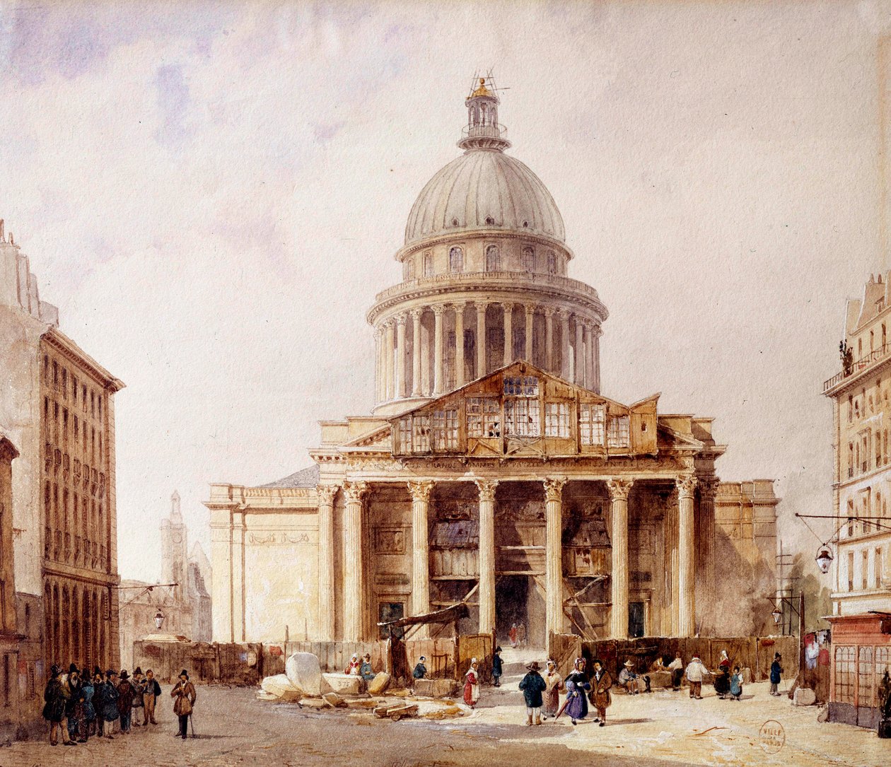 Näkymä Pariisissa rakenteilla olevalle Pantheonille rue Soufflotilta Rakennus on rakennettu Jacques Germain Soufflotin (1713-1780) hankkeen mukaan Sainte Genevieven kirkon paikalle. Akvarelli Francois Etienne Villeret (n. 1800-1866) 1835. P tekijältä Francois Etienne Villeret