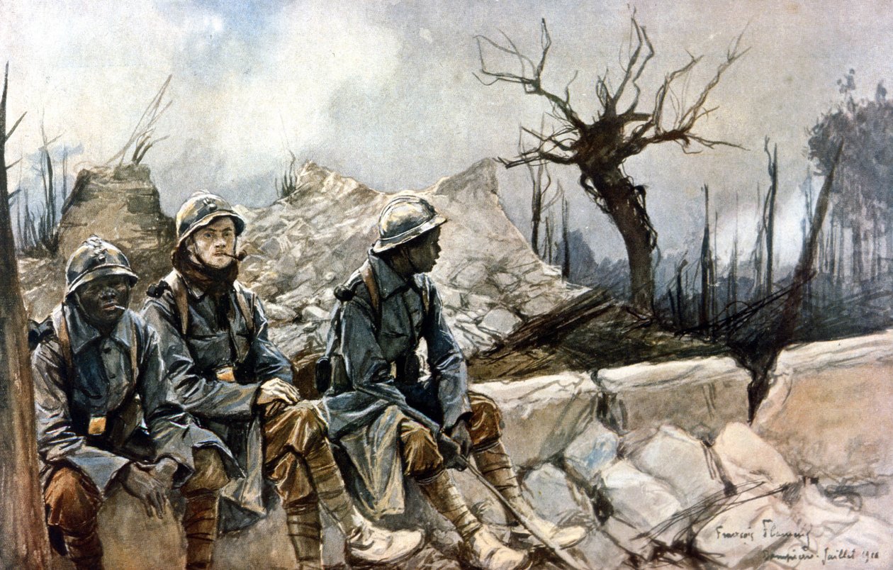 3 ranskalaista sotilasta istumassa Dampierren kirkon raunioiden edessä. Sota 1914 - 1918. François Flamengin (1856-1923) maalaus. Pariisi, Musee de l