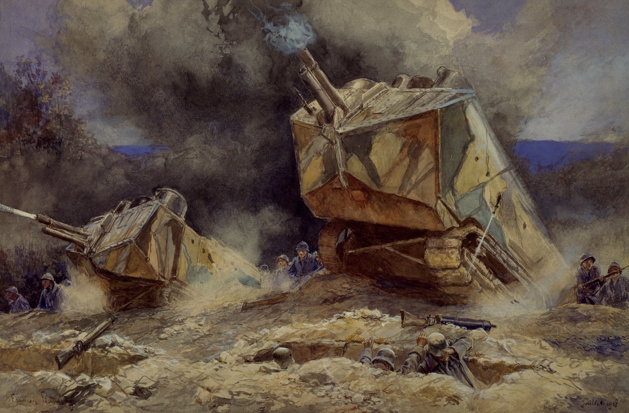 Hyökkäys jalkaväkeä ja panssarivaunuja vastaan Saint Chamondissa, heinäkuussa 1918 (akvarelli) tekijältä Francois Flameng