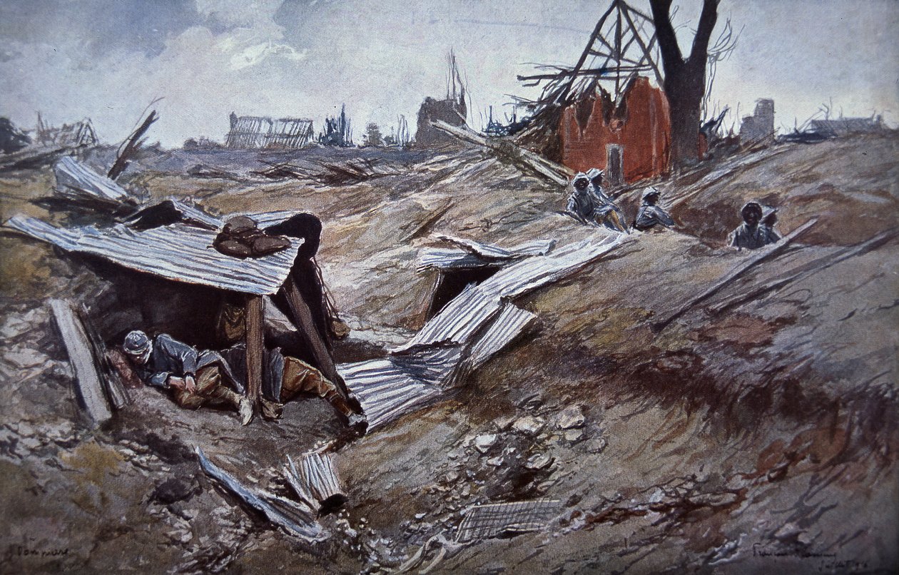 Ensimmäinen Sommen taistelu, kesä-syyskuu 1916: Ranskan joukot Dompierren rauniokylässä tekijältä Francois Flameng