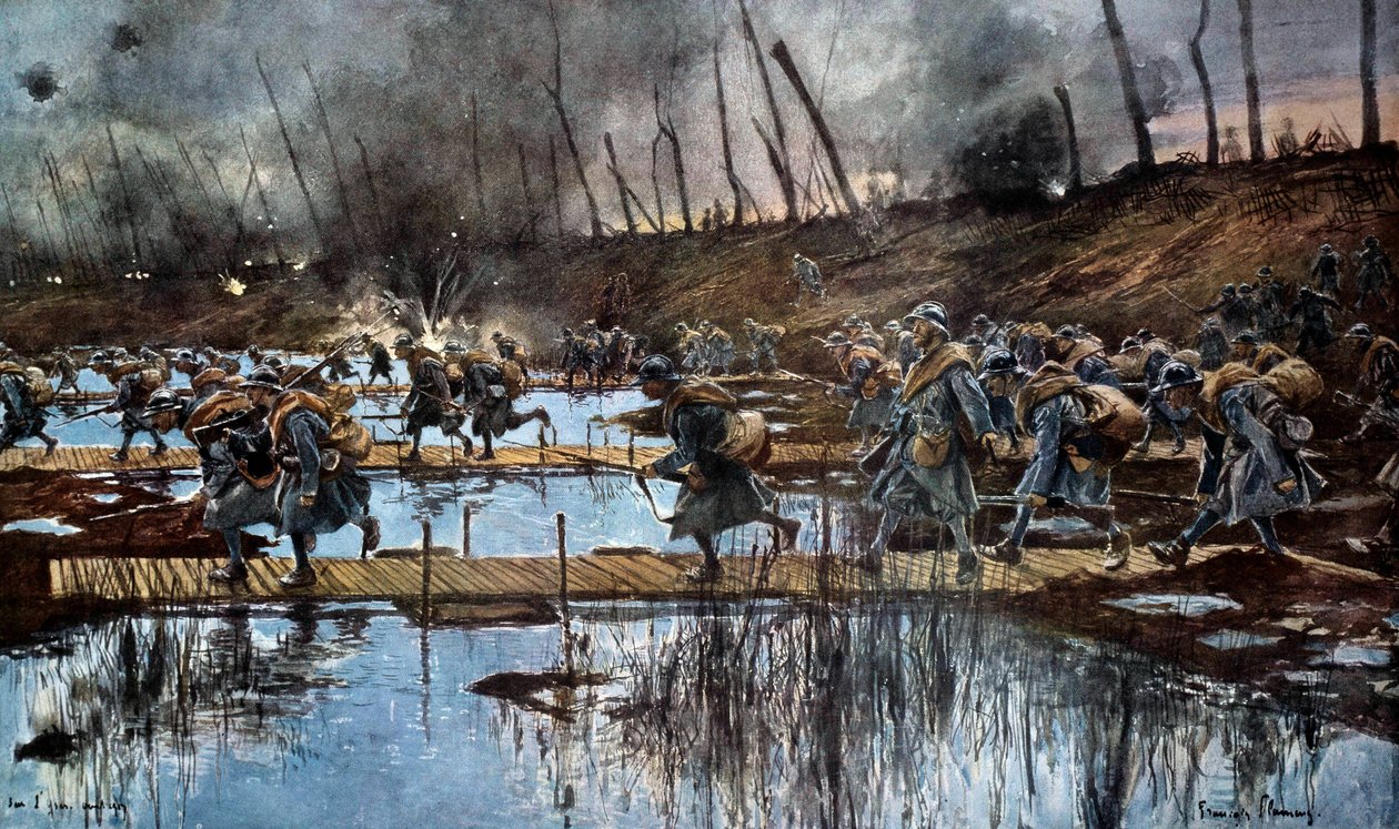 Ensimmäinen maailmansota (1914-1918): "" Yserin kulku Flanderin hyökkäyksen aikana vuonna 1917"" Francois Flamengin (1856-1923) akvarellimaalaus 1917, 30 x 50 cm. Pariisi, Musee de l