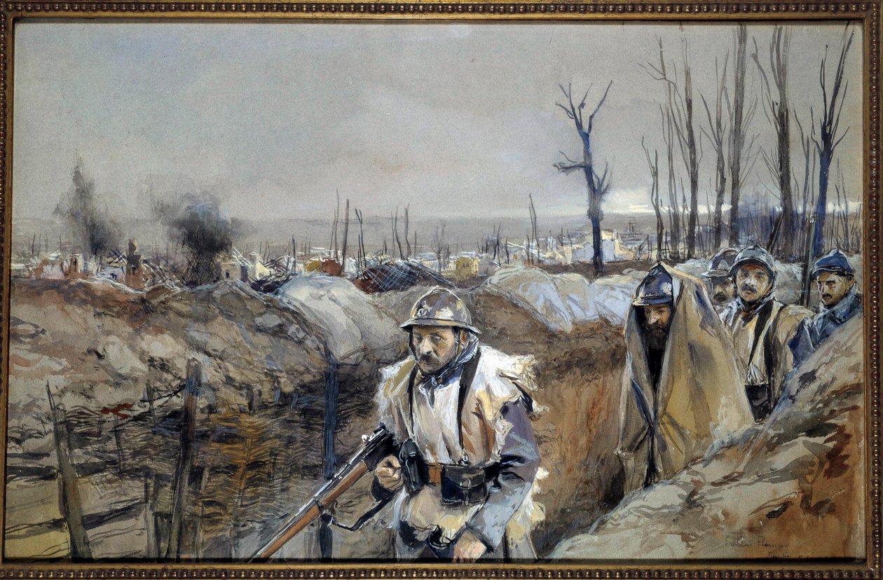 Ensimmäinen maailmansota: "" Näkymä Souchezista (Artoisissa), kaivanto 18.12.1915"" Francois Flamengin (1856-1923) akvarellimaalaus Joulukuu 1915 Su. 0,3x0,48 m Pariisi, musee de l