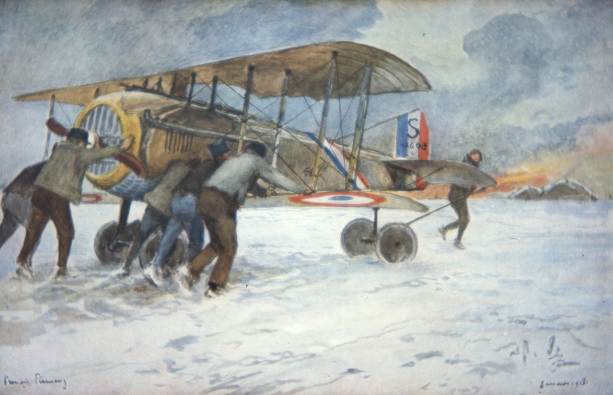 Maamiehistö ja lentäjä ohjaavat ranskalaisen Spad-hävittäjän lumen läpi halliin, tammikuu 1918 (väri litho0 tekijältä Francois Flameng