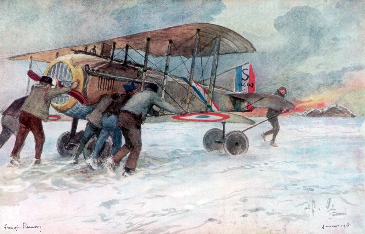 Maahenkilöstö hoitamassa ranskalaista Spadia lumisella pellolla, 1918, 1926. tekijältä Francois Flameng