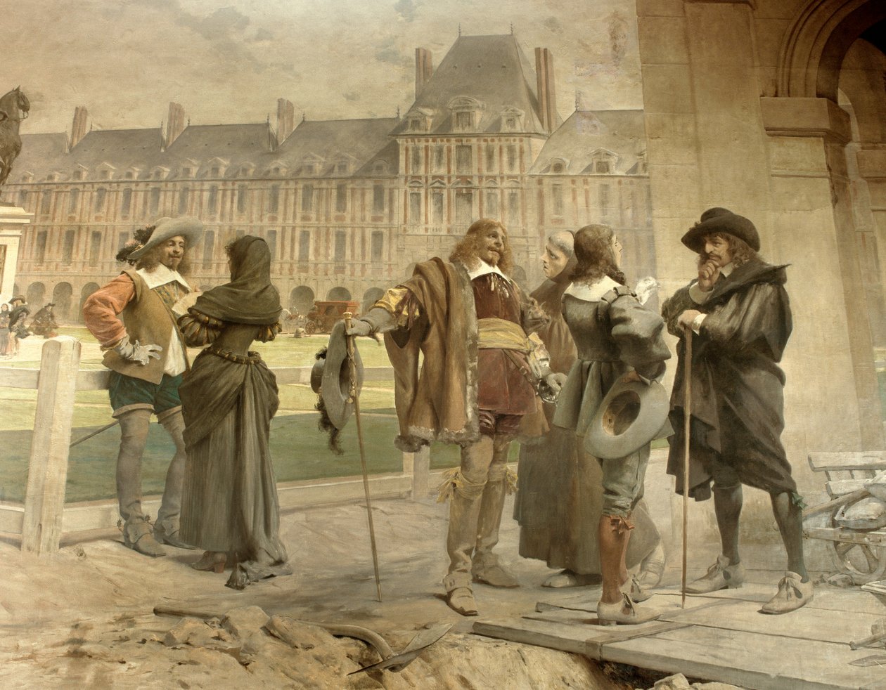 Pascal Desarguesin kanssa esittelee Descartesille kokemuksiaan ilman painovoimasta: nuori matemaatikko Blaise Pascal (1623-1662) ja Girard Desargues (1591-1661) keskustelevat ilmakehän paineen teoriastaan Rene Descartesin (1596-1650) kanssa. tekijältä Francois Flameng