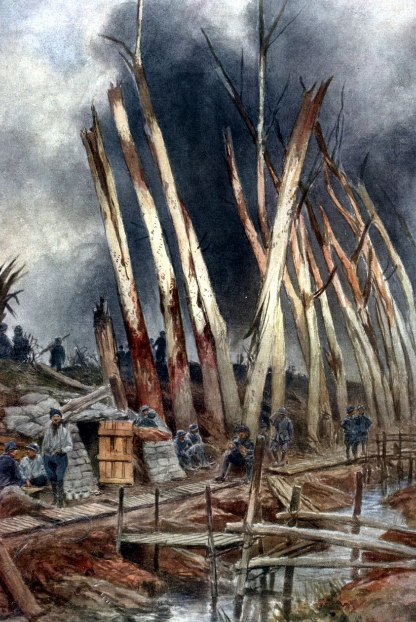 "Yserin hyökkäys (1917)". Ranskalaisten linja Het-Sasin lähellä juuri ennen 31. heinäkuuta. Sotilaat odottavat käskyjä aiempien taistelujen tulituksessa hajonneiden puiden keskellä. Ranskalaisen Francois Flamengin (1856-1923) maalauksen mukaan. tekijältä Francois Flameng