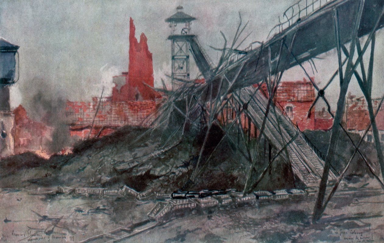 Liévinin kaivokset: Calonne Pit, Artois, Ranska, Ensimmäinen maailmansota, 1915. tekijältä Francois Flameng