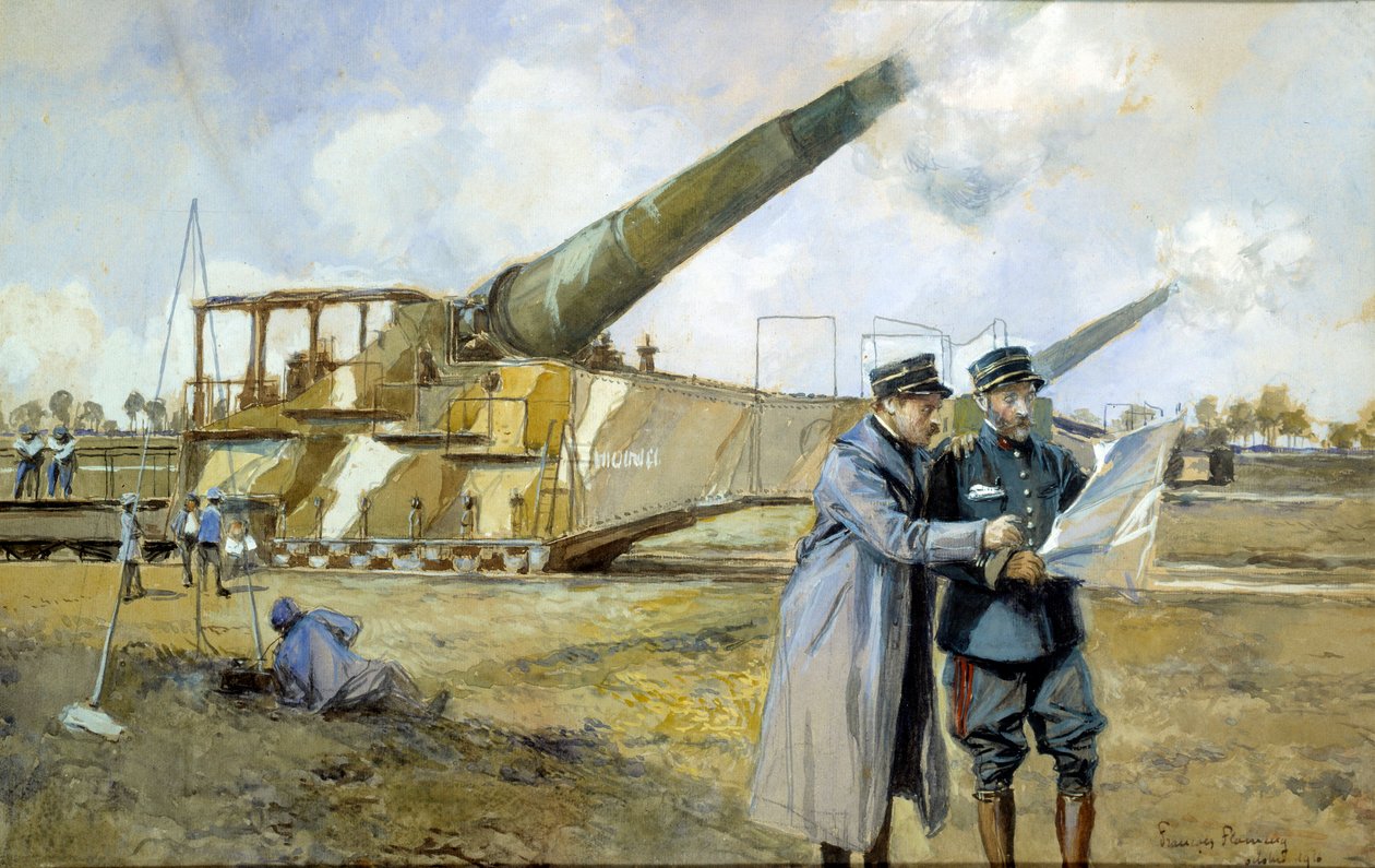 Ensimmäinen maailmansota: 400 patterin lokakuussa 1916 (ALVF tai ALGP (Large Range Heavy Artillery)) Suuren sodan komentajat tarkkailevat taistelusuunnitelmaa. François Flamengin (1856-1923) maalaus tekijältä Francois Flameng