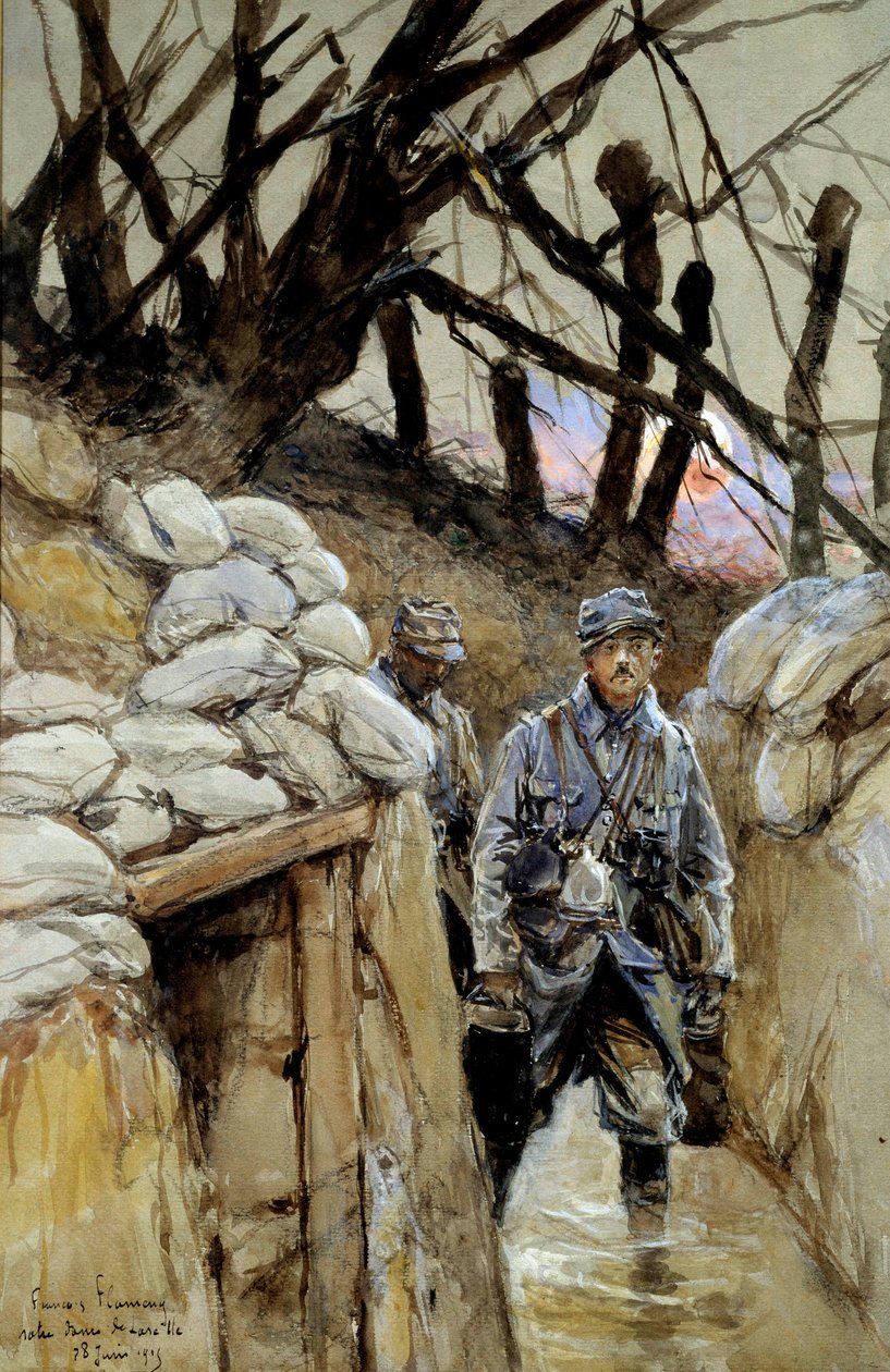 Ensimmäinen maailmansota: "" Soup corveen sotilas kaivannossa Notre-Dame-de-Lorette 28/06/1915"" Akvarellimaalaus, Francois Flameng (1856-1923) Kesäkuu 1915 Su. 0,3x0,48 m Pariisi, Musee de l