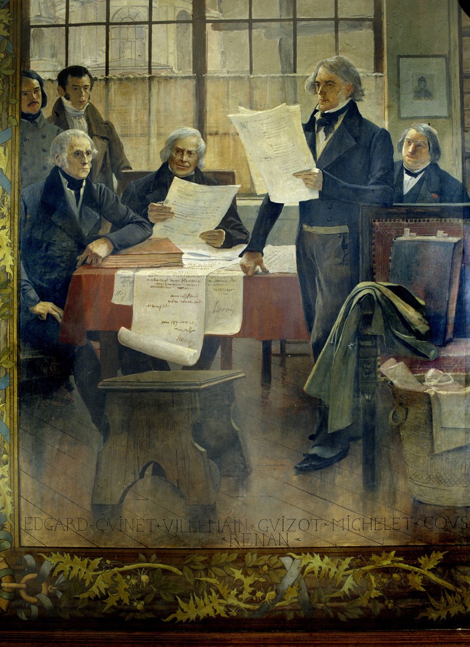 Kirjailijat 1800-luvulla: Edgar Quinet, Abel François Villemain, François Guizot, Jules Michelet, Victor Cousin, Ernest Renan - François Flamengin (1856-1923) maalattu kangas, Sorbonnen yliopisto, Pariisi tekijältä Francois Flameng