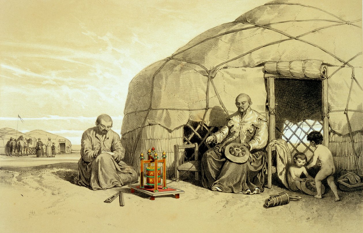 Kalmukit rukouspyörän kanssa, Siperia, kuvitus Xavier Hommaire de Hellin julkaisusta "Kaspian arot, Kaukasus, Krim ja Etelä-Venäjä", n. 1838-42 (värilitho) tekijältä Francois Fortune Antoine (after) Ferogio
