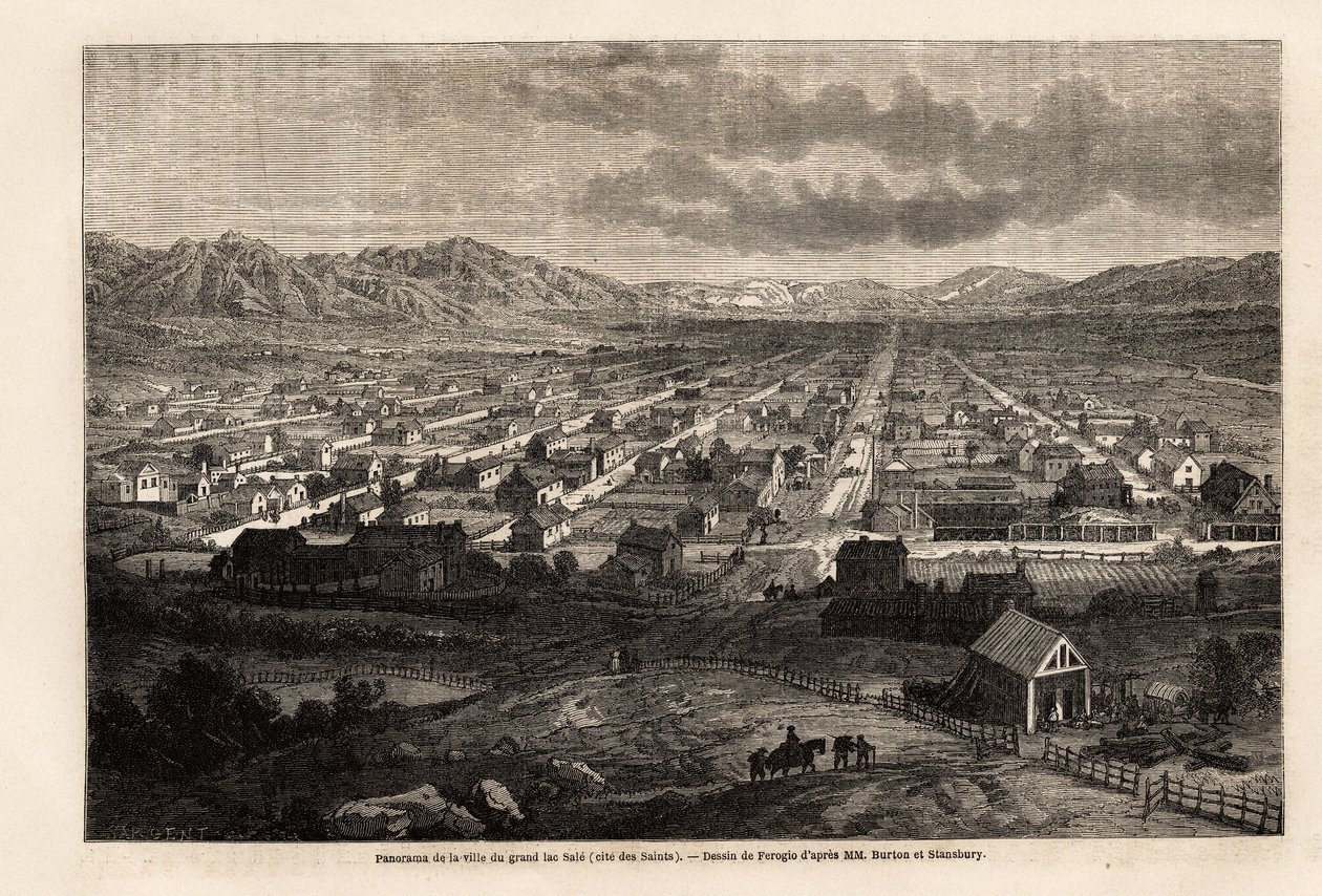 Panoraama suuren likaisen järven kaupungista, lainaten pyhiä (Utah), Ferogion piirustus kuvaamaan Richard Burtonin matkaa pyhien kaupunkiin, mormonien maan pääkaupunkiin vuonna 1860. Kaiverrus "" Le tour du monde ””, editoi Edouard Charto tekijältä Francois Fortune Antoine (after) Ferogio