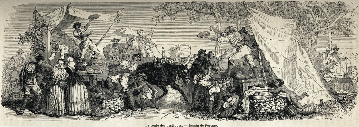 Ferogion piirtämien vesimelonien myynti Napolia ja napolilaisia kuvaamaan vuonna 1861, Marc Monnier (1829-1885). Kaiverrus ”” Le tour du monde”” 1861. Selvan kokoelma. tekijältä Francois Fortune Antoine (after) Ferogio