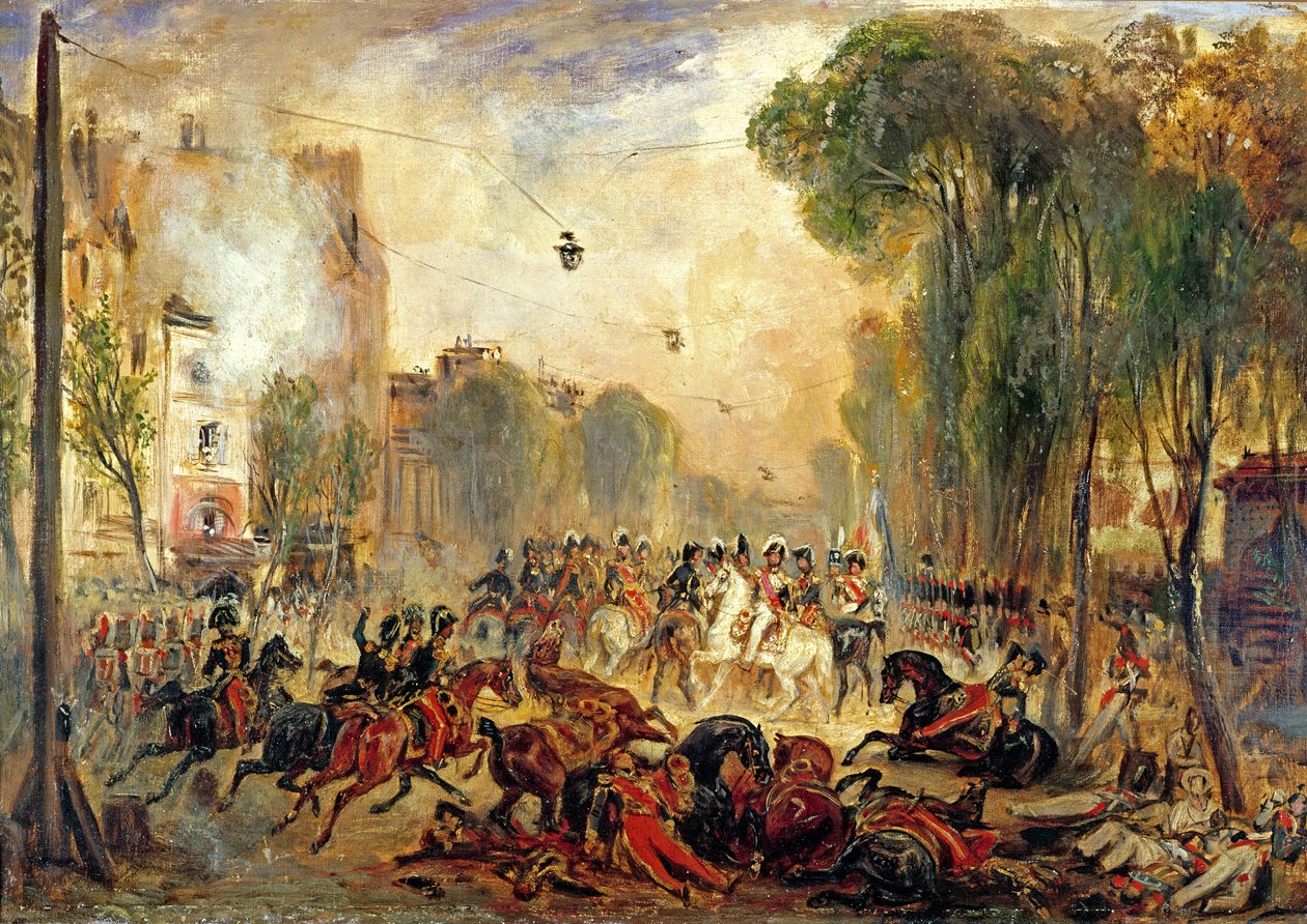 Giuseppe Fieschin (1790-1836) salamurhayritys kuningas Louis-Philippeen (1773-1850) Boulevard du Temple, 28. heinäkuuta 1835 (öljy kankaalle) tekijältä Francois Gabriel Guillaume Lepaulle