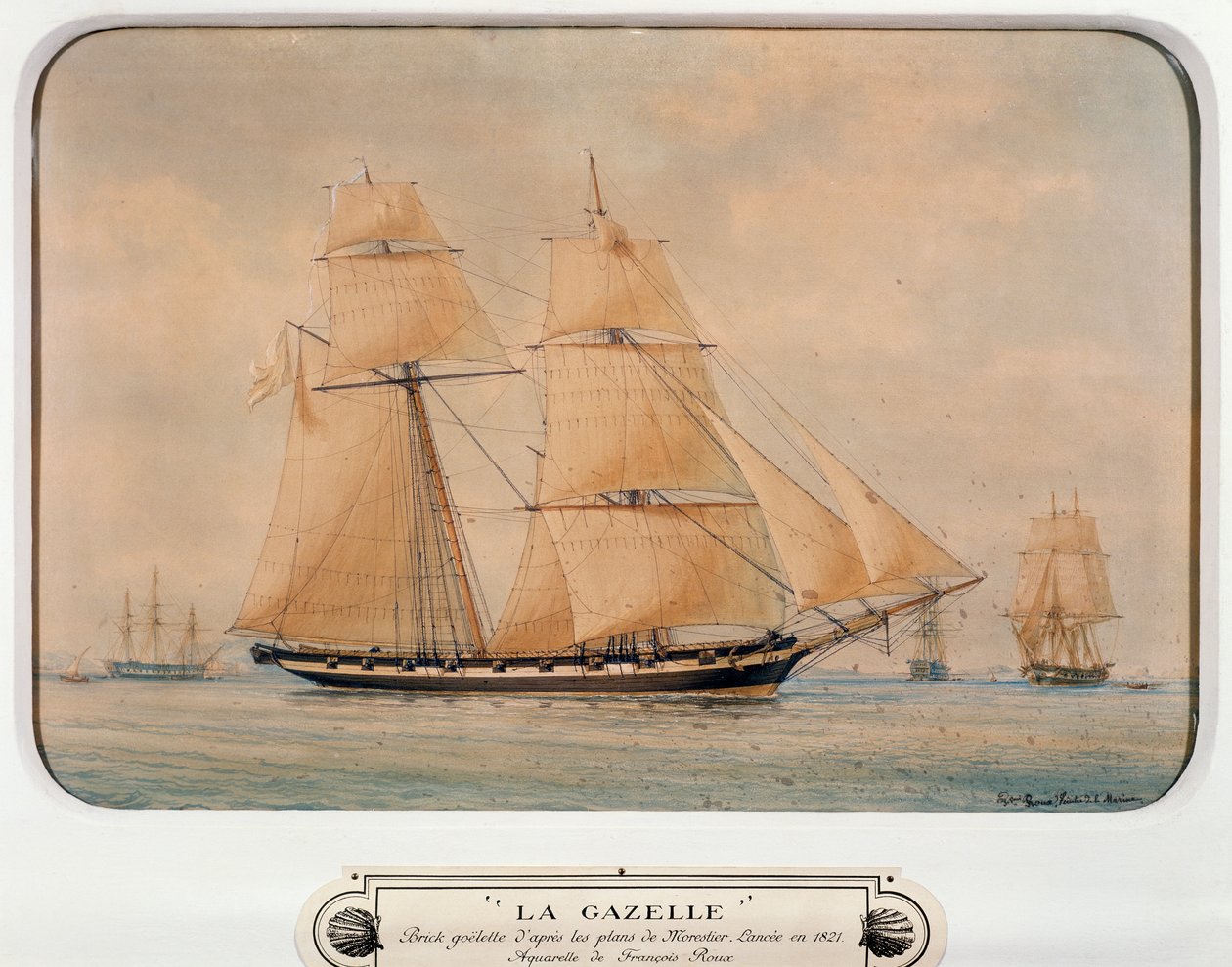 Kuunari La Gazelle, Francois Roux (1811-1882), akvarelli, Ranska tekijältä Francois Geoffroy Roux