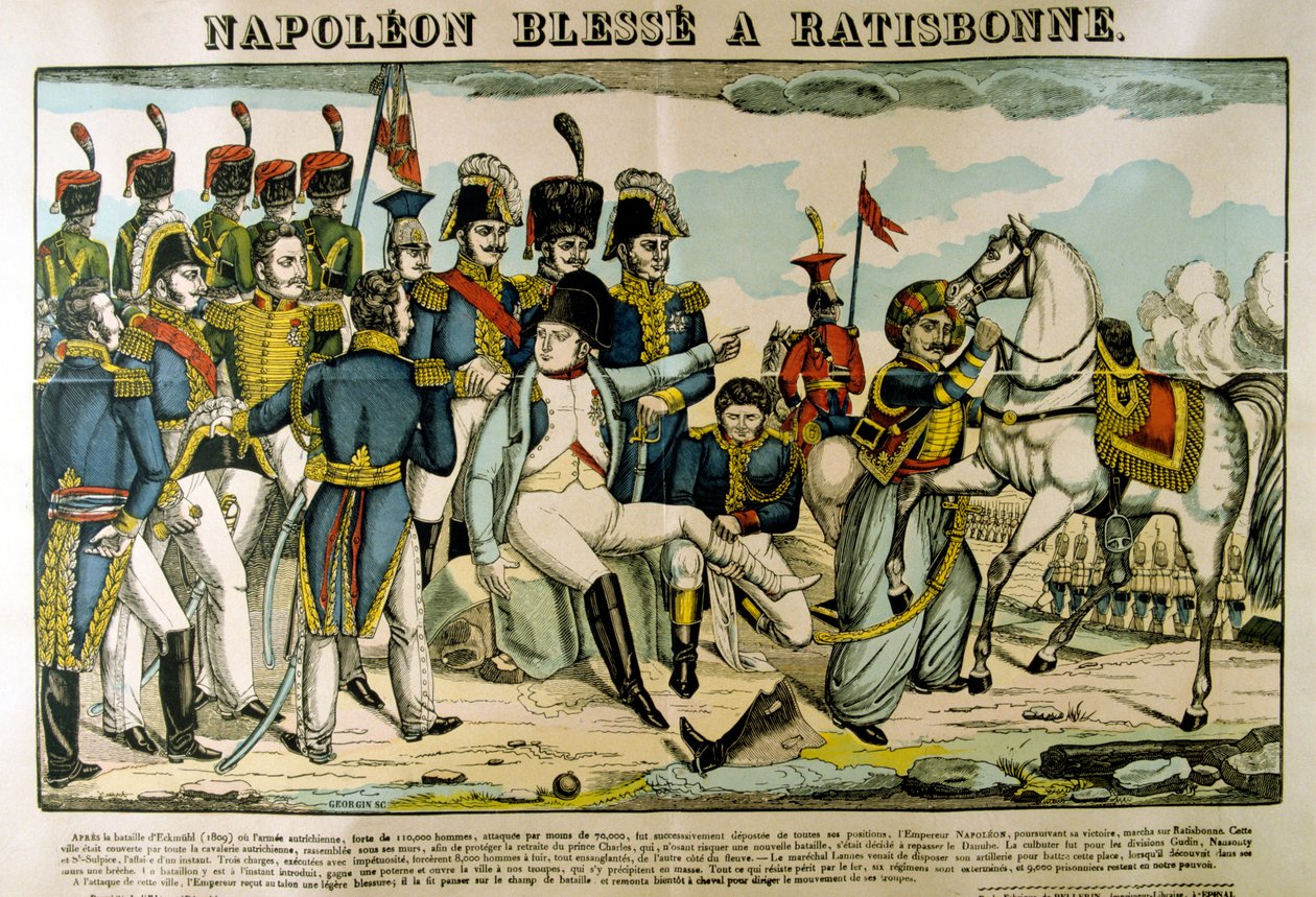 Napoleon loukkaantui Ratisbonissa huhtikuussa 1809, c1835 tekijältä Francois Georgin