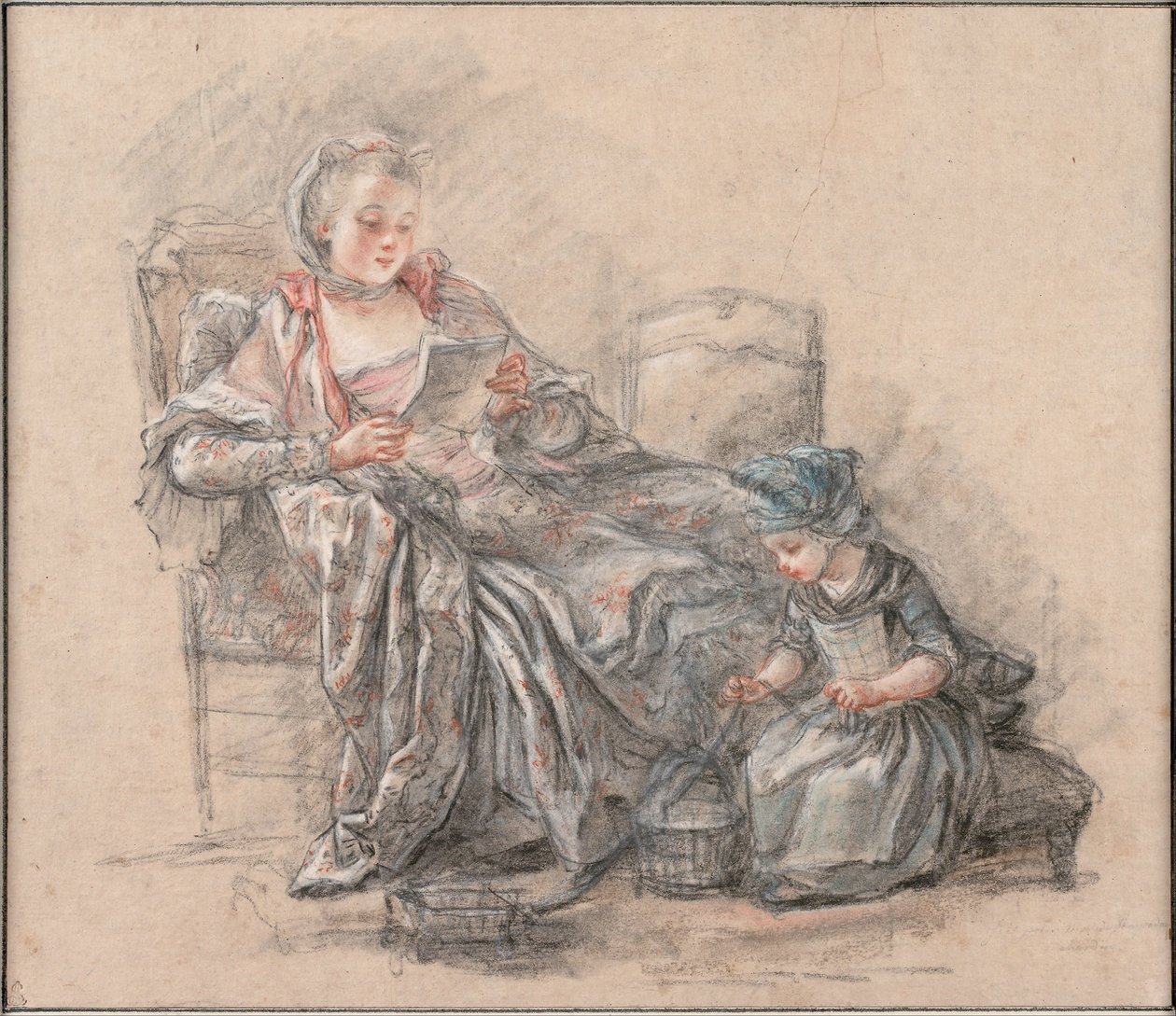 Nainen lukee ja tyttö leikkii (oletettavasti Marquise de Pompadour tyttärensä Alexandrinen kanssa), 1748 tekijältä Francois Guérin