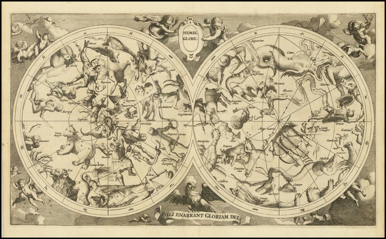 Vuoden 1720 taivaankartta - Hemel Globe. Coeli Enarrant Gloriam Dei. tekijältä François Halma