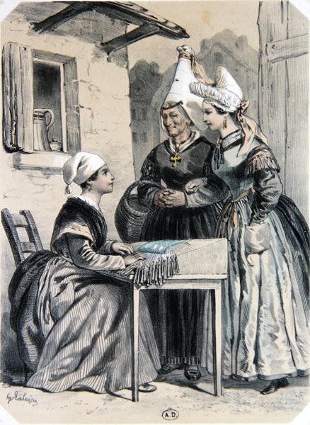 Lacemakers of Caen Normandiassa, "La Normandie Illustree", kaiverrus Charpentier, julkaistu Nantesissa 1852 (väri litho) tekijältä Francois Hippolyte (after) Lalaisse