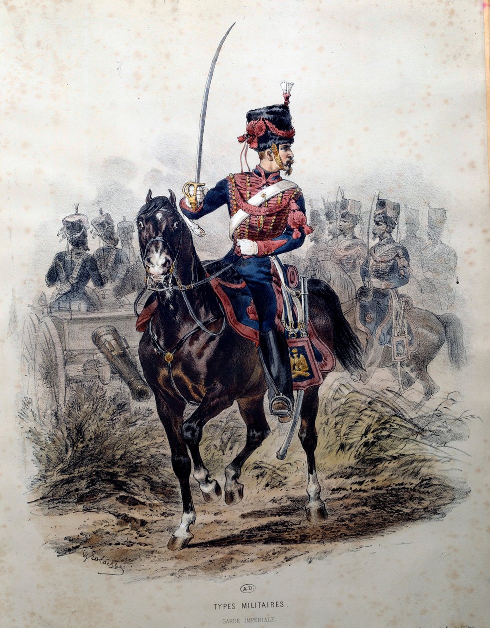 Keisarillisen kaartin sotilas hevosen selässä. Litografia Francois Lalaisse (1812-1884) 1860 Pariisi, koristetaide tekijältä Francois Hippolyte Lalaisse