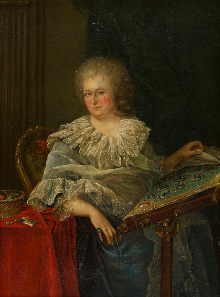 Muotokuva varakreivitär Torringtonista, joka istuu kirjontalla, n. 1747-75 (öljy paneelille) tekijältä Francois Hubert (follower of) Drouais