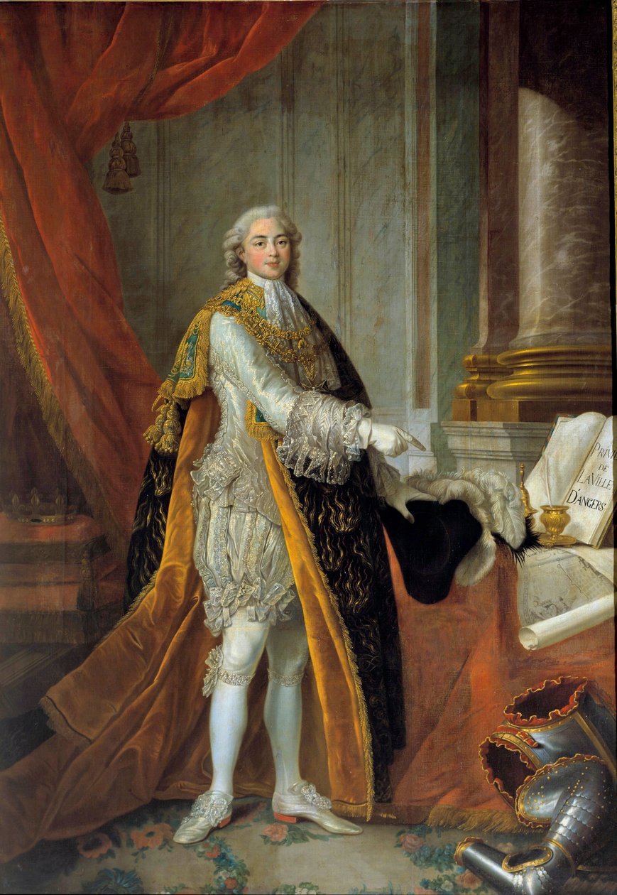 Ranskalaisen Louis Stanislas Xavierin (tuleva Louis XVIII), Provencen kreivin (1755-1824) jalan muotokuva Pyhän Hengen ritarikunnan (Pyhän Hengen ritarikunnan) upeassa puvussa ja esittelee Angersin kaupungin etuoikeuksia. ”””” Françoisin maalaus tekijältä Francois Hubert Drouais