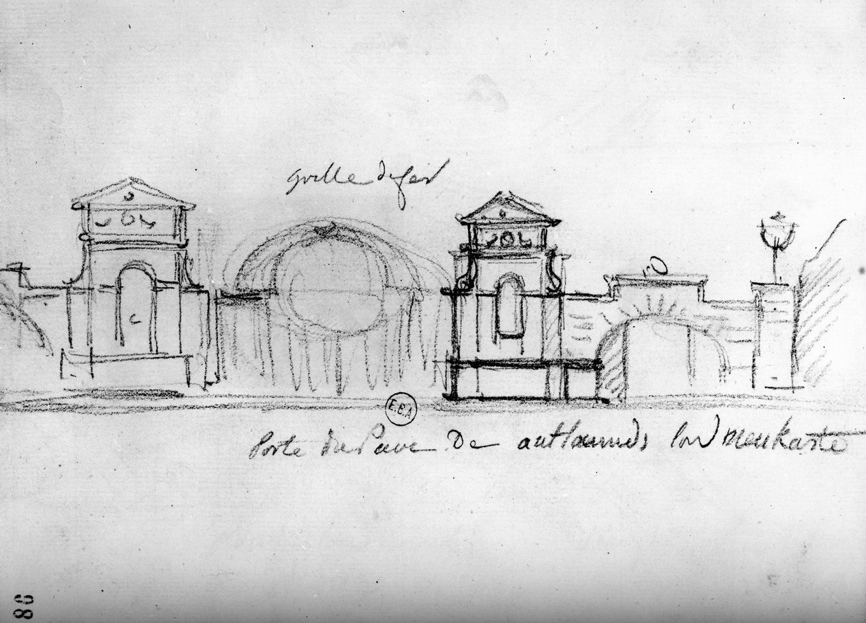 Arkkitehtoninen luonnos aiheesta "Travels in England", n. 1766 (kynä paperille) tekijältä Francois Joseph Belanger
