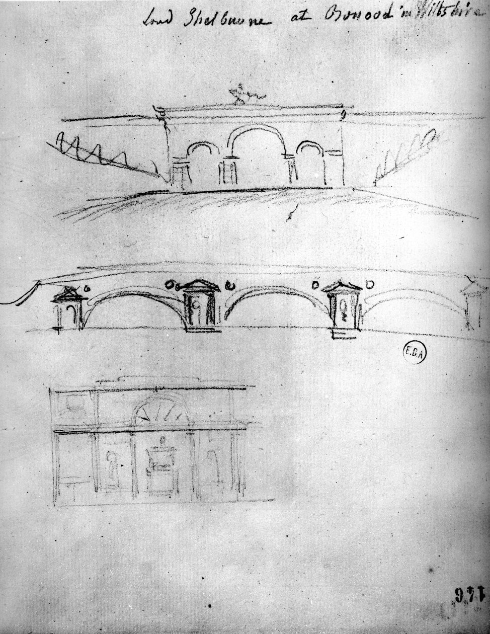Arkkitehtoninen luonnos aiheesta "Travels in England", n. 1766 (kynä paperille) tekijältä Francois Joseph Belanger