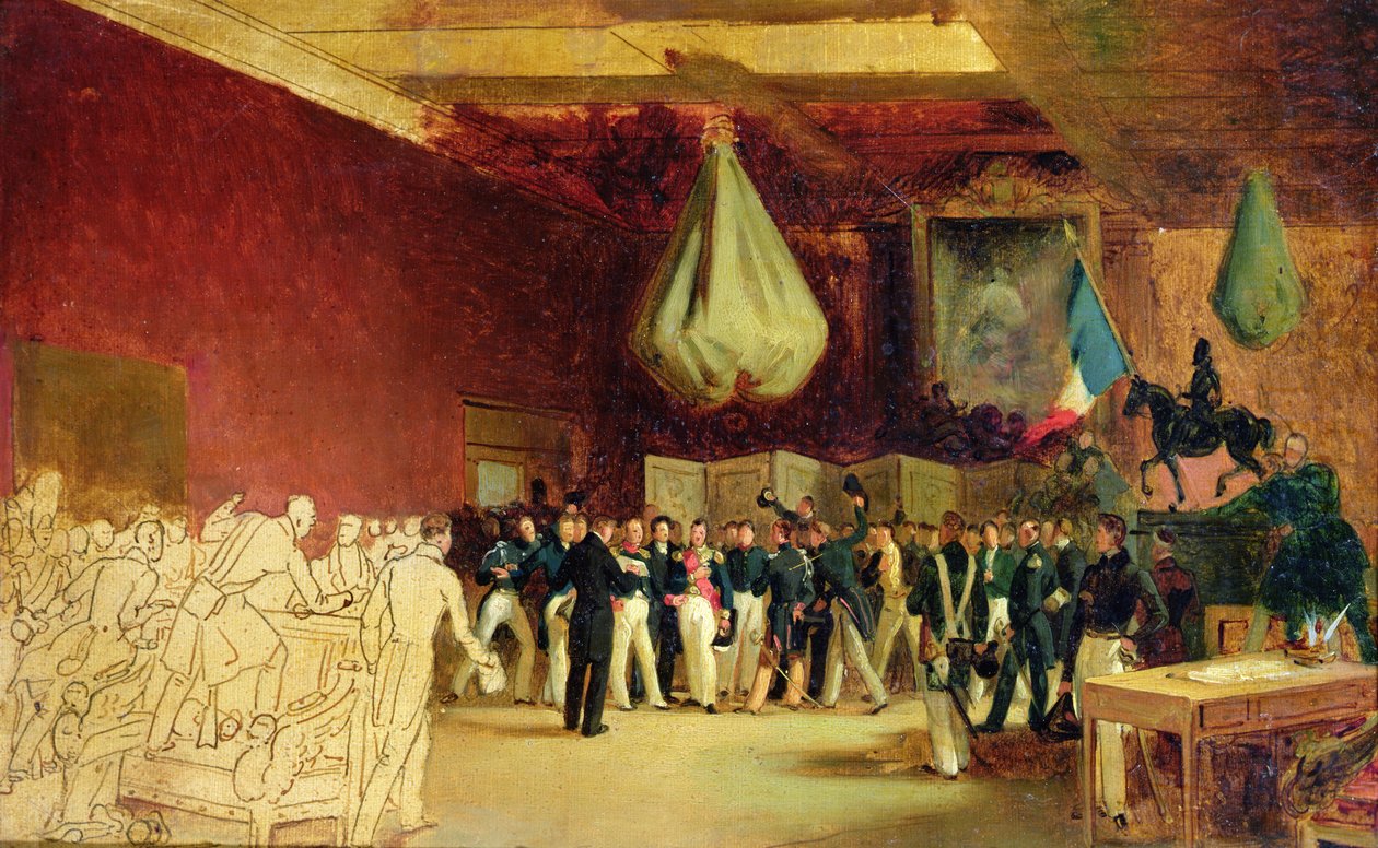 Edustajainhuone esittelee Orleansin herttua Ludvig Philippe I:lle (1773-1850) säädöksen, joka kutsuu hänet valtaistuimelle, ja vuoden 1830 peruskirjan kuninkaallisessa palatsissa 7. elokuuta 1830. tekijältä François Joseph Heim