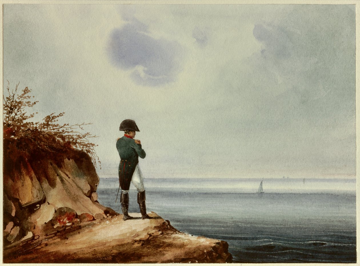 Muotokuva keisari Napoleon I:n (1769-1821) jalassa. Francois Joseph Sandmannin (1805-1880) akvarelli Louis Marchandin ohjeiden mukaan. 1820 Su. 0,14x0,19 m Malmaison, musee du chateau tekijältä Francois Joseph Sandmann