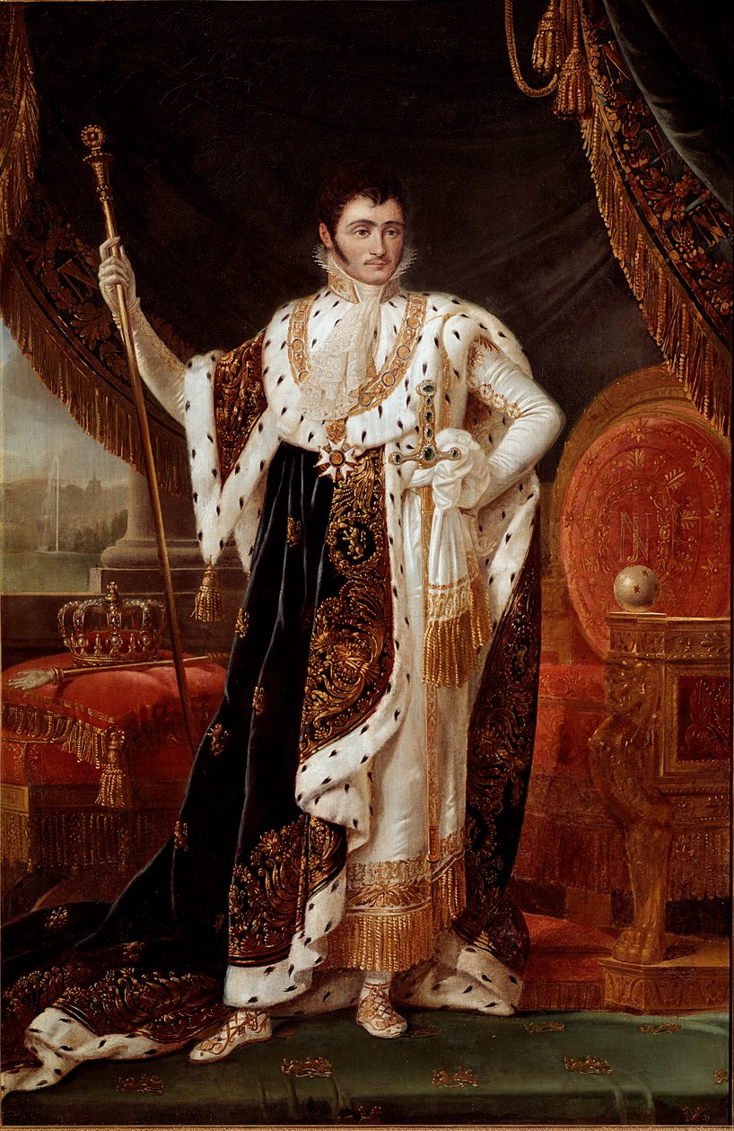 Vestfalenin kuninkaan Jerome Bonaparten (1784-1860) muotokuva Wilhelmshohen puutarhan edessä. François Joseph (Francois-Joseph) Kinsonin (1770-1839) tai Kinsoenin maalaus. 1800-luvun aurinko. 2,1x1,4 m Versailles musee du chateau tekijältä Francois Josephe Kinson