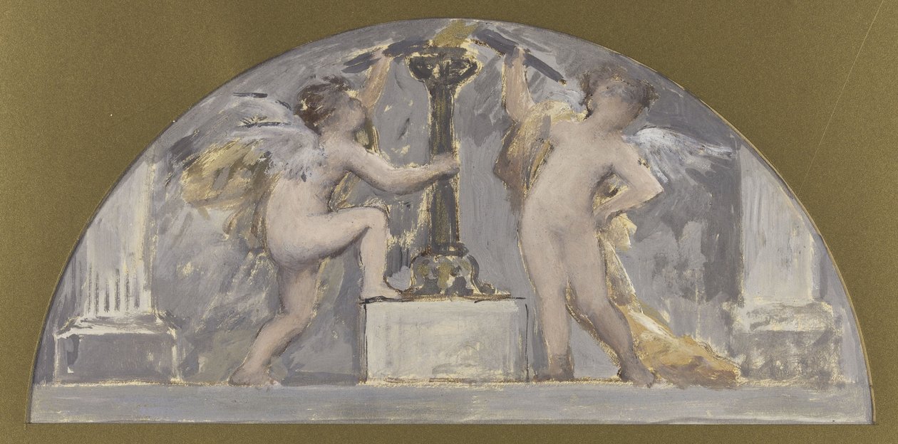 Luonnos Hôtel de Villen ruokasaliin, kaksi rakastavaista, joilla kummallakin on soihtu sytytetyn soihtukehän vieressä, noin 1893 (öljy). tekijältä Francois Lafon