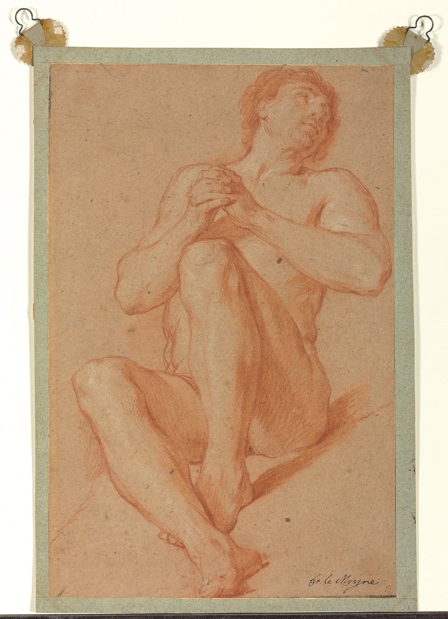 Istuu akateeminen alaston kädet ristissä, n. 1723-24 (punavalkoinen liitu vaaleanruskealla paperilla) tekijältä François Lemoyne