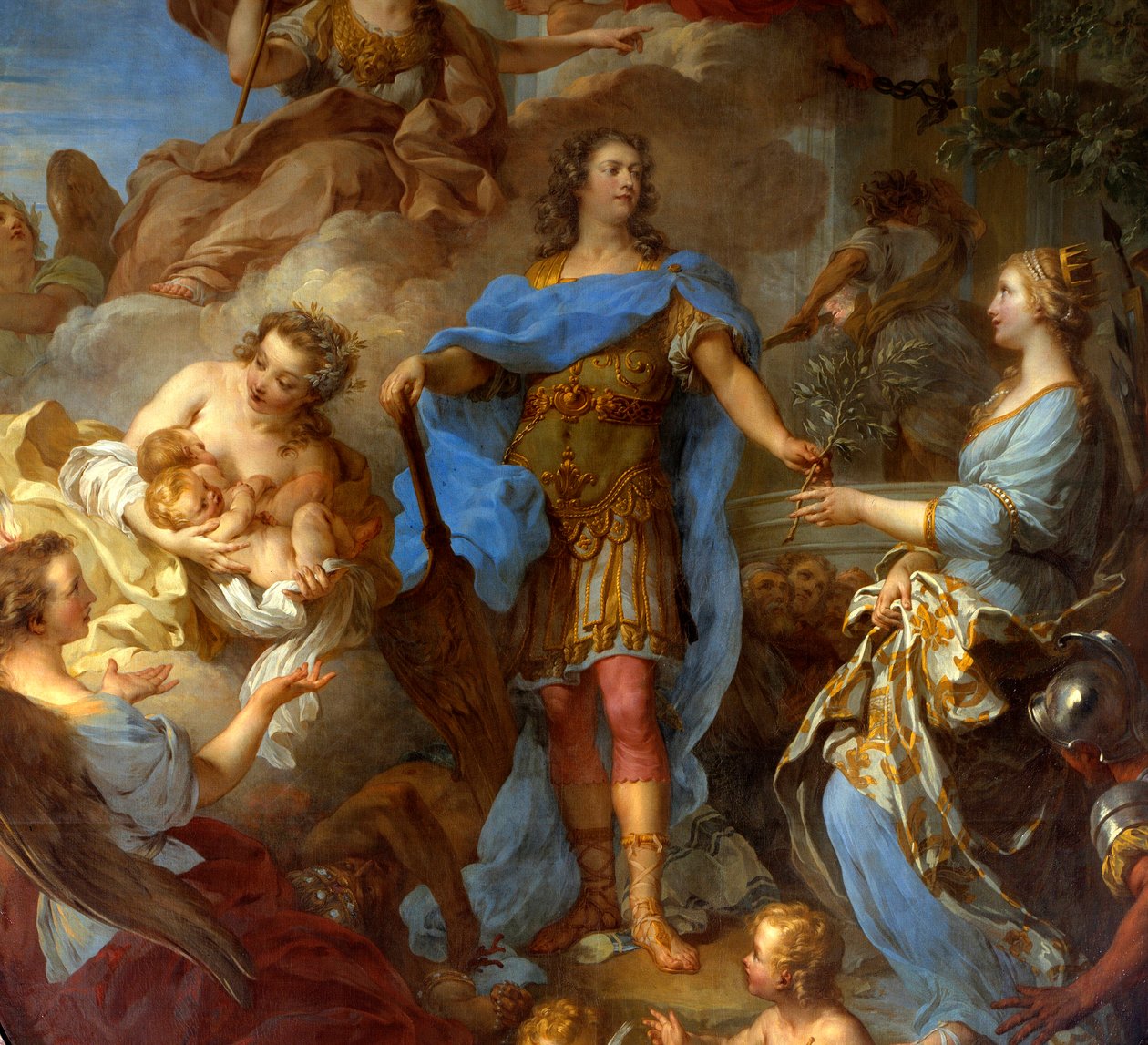 Yksityiskohta "" Kuningas Ludvig XV:stä (1710-1774), joka antoi rauhan Euroopalle"" Sevillan rauhan aikaisessa vertauskuvassa on edustettuna jumalatar Minerva. François le Moynen (1688-1737) maalaus 1729 su. 3,82x2,95 m - Yksityiskohta kuningas Ludvig XV:s tekijältä François Lemoyne