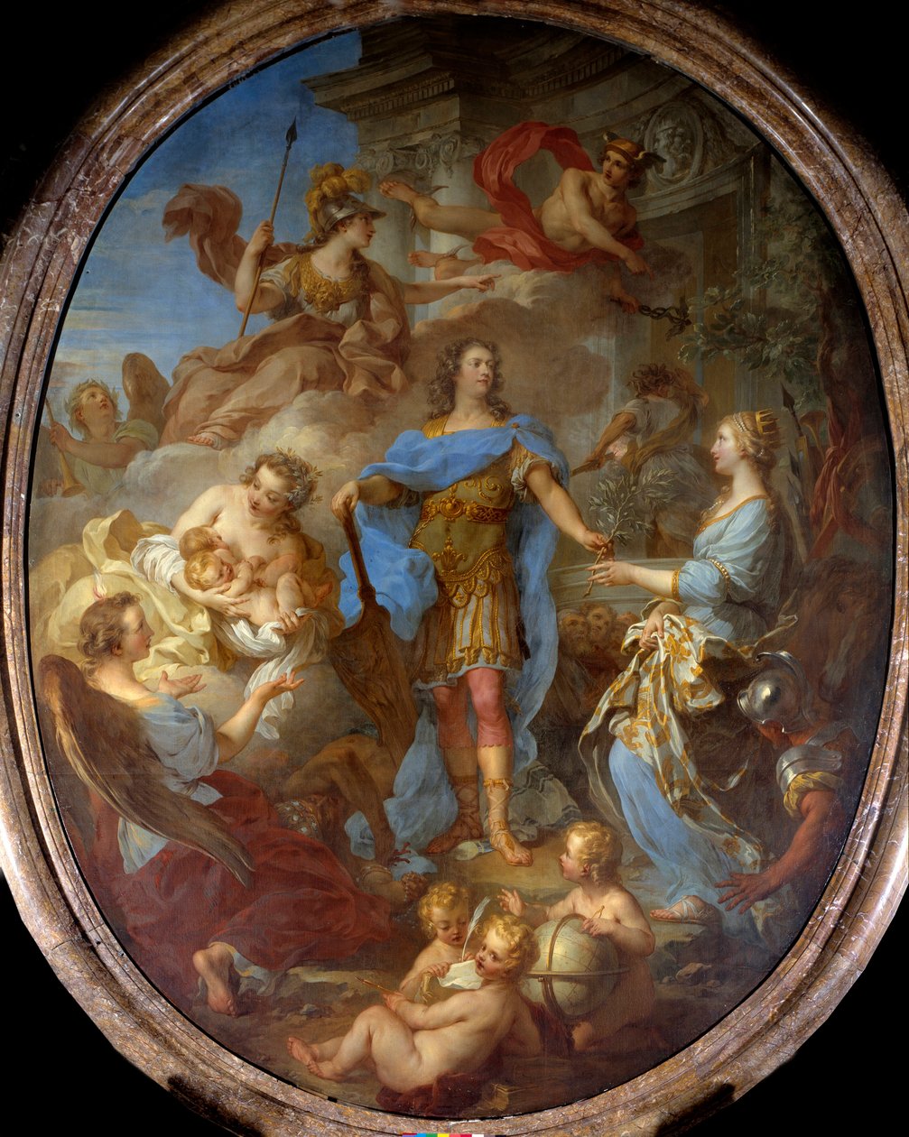 Kuningas Ludvig XV (1710-1774) antoi rauhan Euroopalle Allegorielle Sevillan sopimuksen aikaan, jumalatar Minerva on edustettuna. François le Moynen (1688-1737) maalaus 1729 su. 3,82x2,95 m. tekijältä François Lemoyne