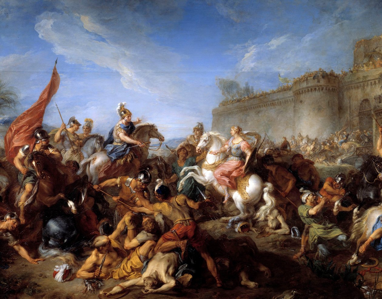 Tancrede ojentaa aseet Clorindelle Kuvitus Torquato Tasson (dit Le Muche) runoon "La jerusalem delivree" (La jerusalem liberata) tekijältä François Lemoyne