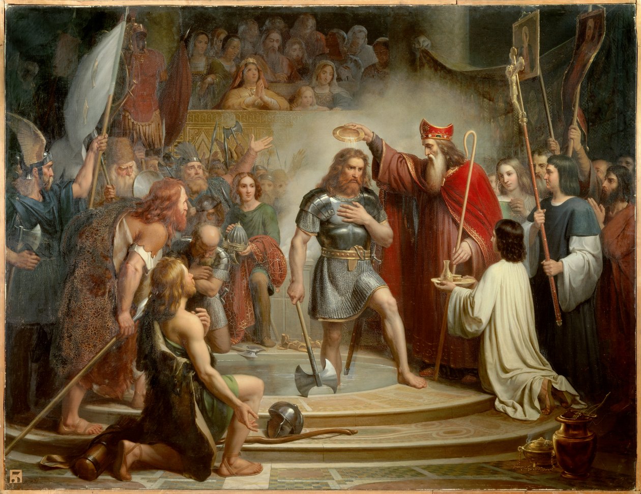Clovisin kaste Reimsissä 25. joulukuuta 496. François Louis Dejuinnen (1786-1844) maalaus tekijältä Francois Louis Dejuinne