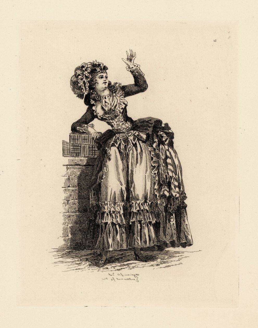 Muodikas nainen konepellissä a la Nicolet, Marie Antoinetten aikakausi (etsaus) tekijältä Francois Louis Joseph (after) Watteau