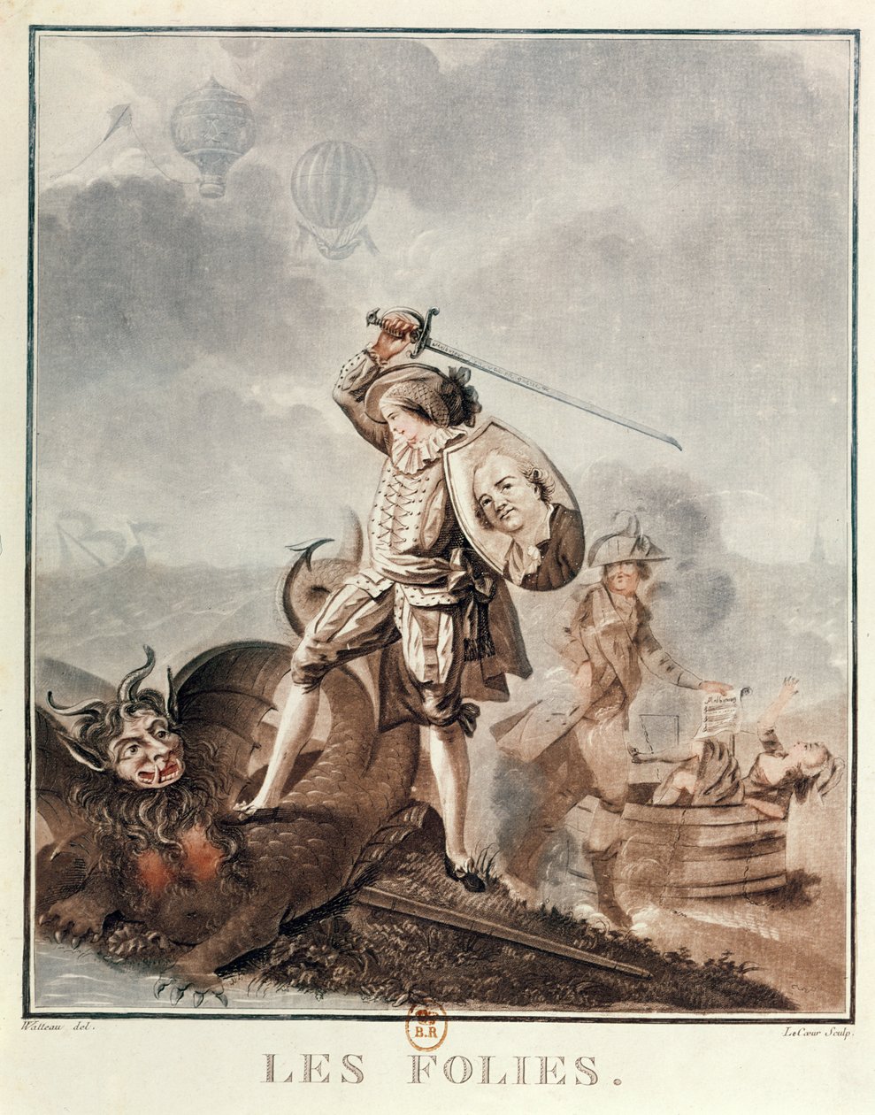 Figaro taistelussa harpyan kanssa, n. 1786 (akvatinta) tekijältä Francois Louis Joseph Watteau