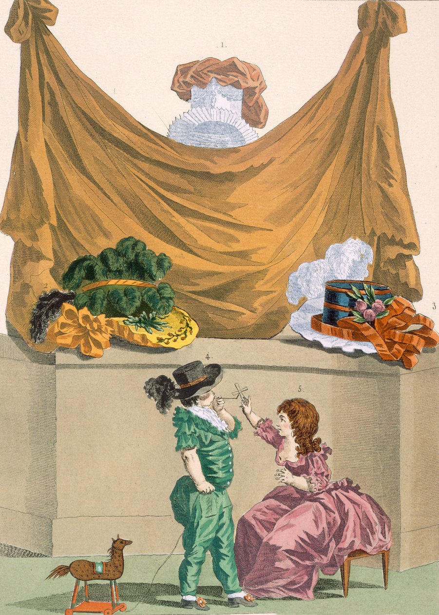 Hatut ja lastenvaatteet, kaiverrus Dupin, levy nro 321 Galeries des Modes et Costumes Francaisista, 1780 tekijältä Francois Louis Joseph Watteau