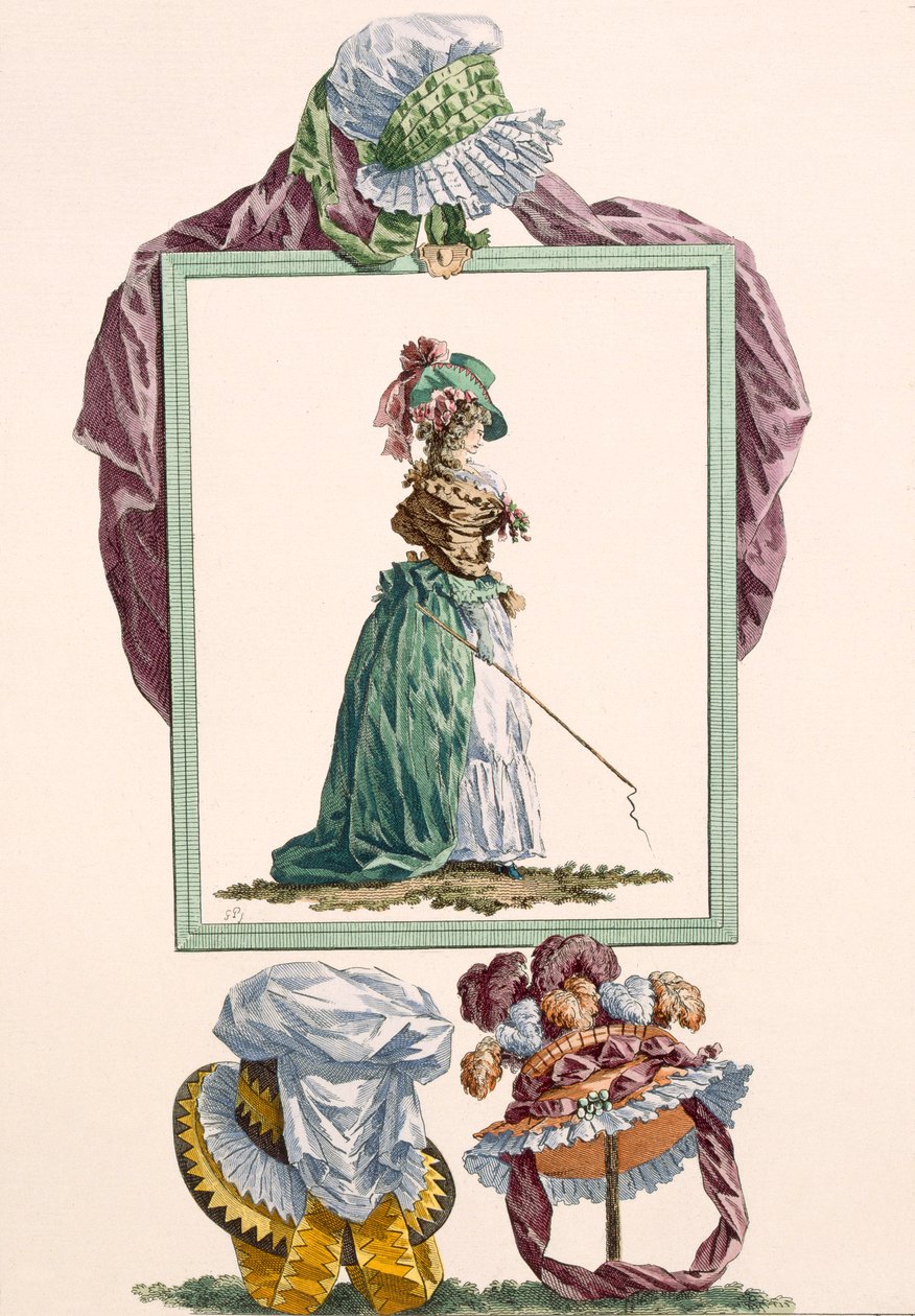 Pierrot caracoon pukeutunut nuori nainen, jolla on vaunupiiska, kaiverrettu Dupin, levy nro 238 julkaisusta "Galeries des Modes et Costumes Francais", n. 1778-87 tekijältä Francois Louis Joseph Watteau