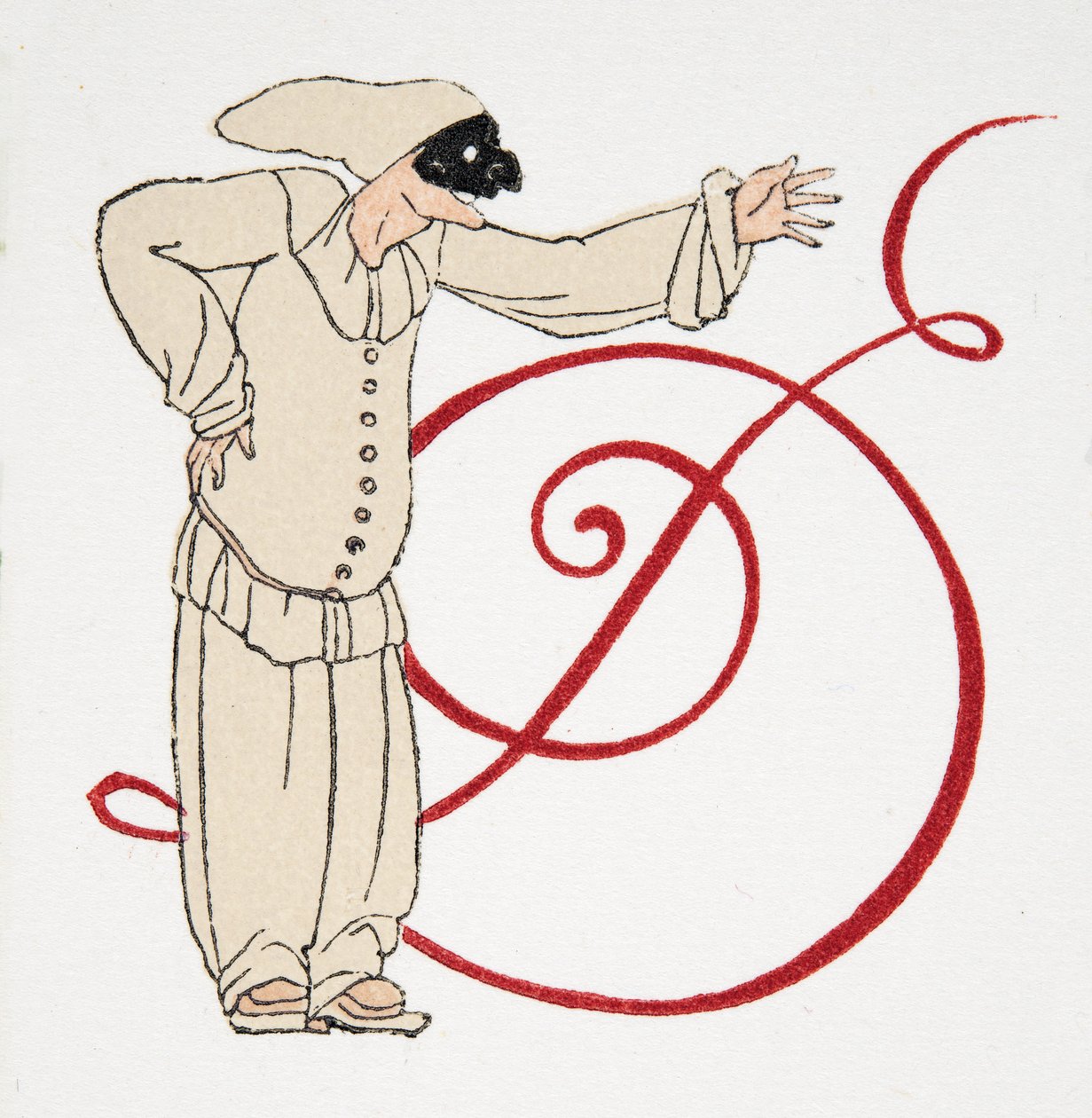 Kirjain D, Personages de Comedie, pub. 1922 (stensiiliprintti) tekijältä Francois Louis Schmied