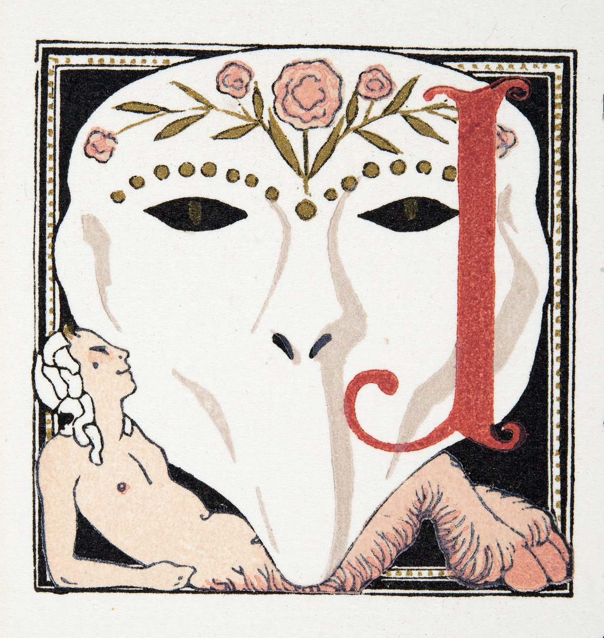 Kirjain J, Personages de Comedie, pub. 1922 (stensiiliprintti) tekijältä Francois Louis Schmied